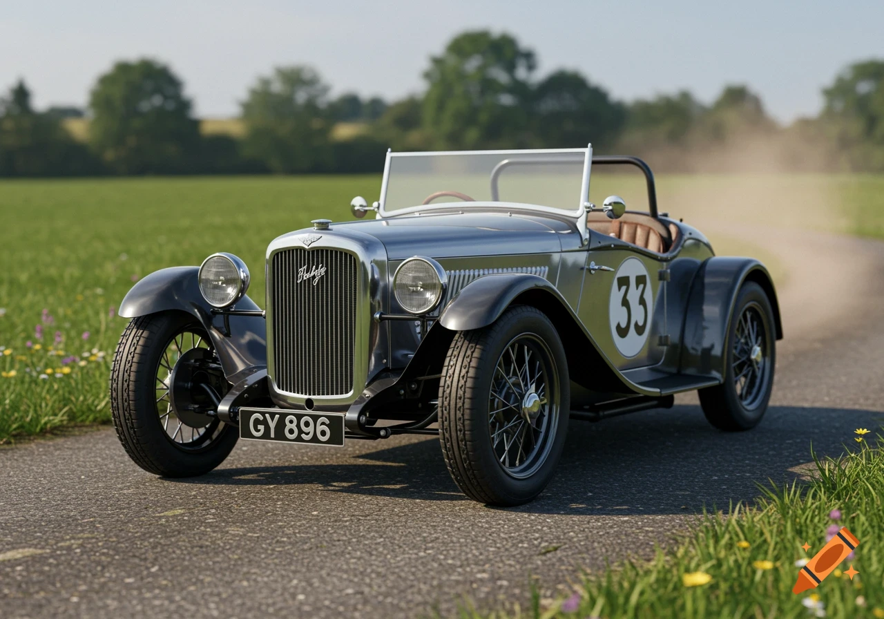 A silver and black vintage convertible sports car, number 33, with a UK license plate GY 896, on a paved country road next to a green field.