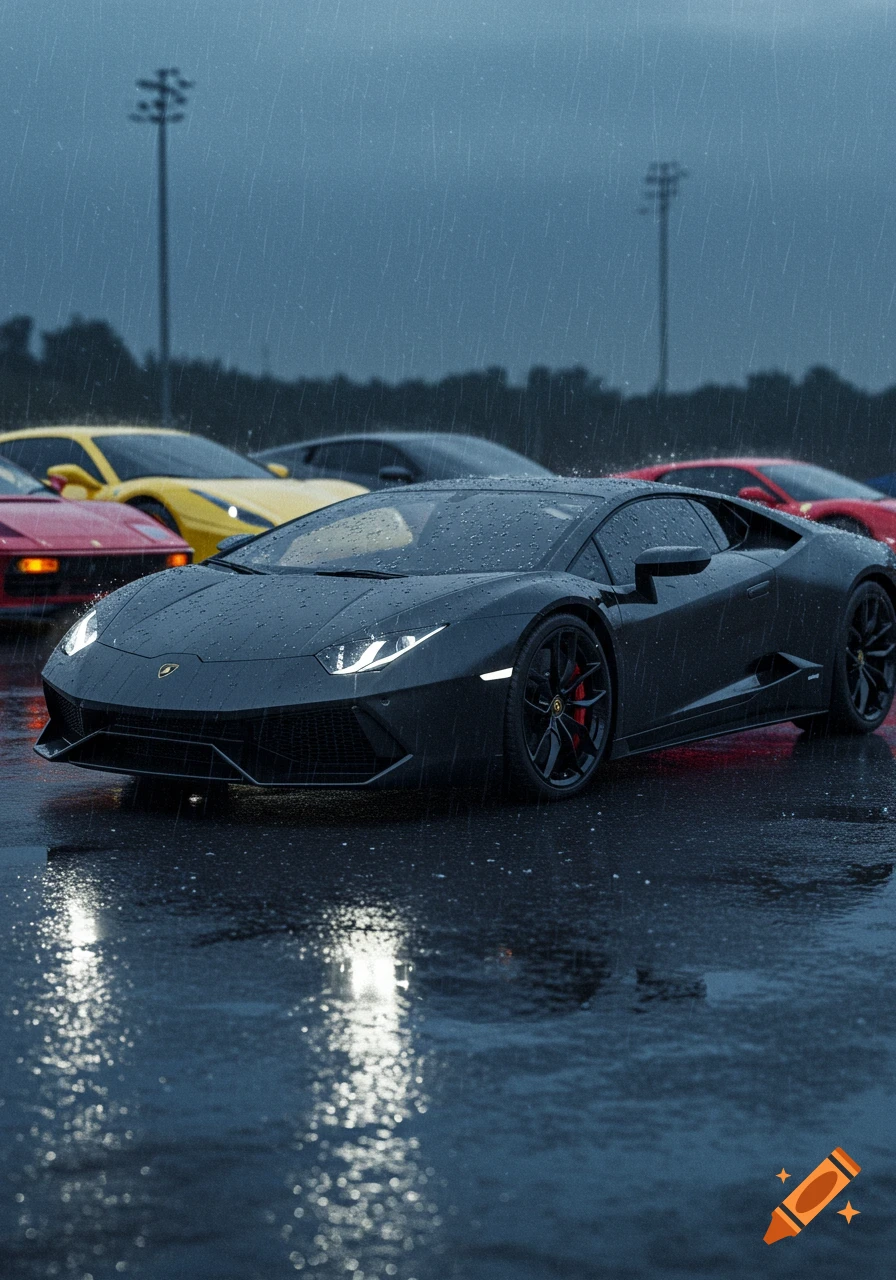 A matte black Lamborghini supercar parked in the rain, with other colorful supercars visible in the background, reflecting lights on the wet ground.