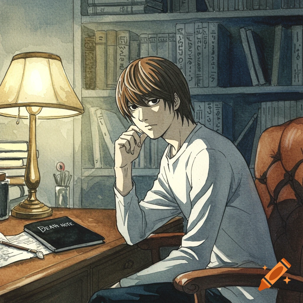 Light Yagami in a watercolor style, sitting at a desk with a lamp and a book titled 'DEATH NOTE', in a room with a bookshelf.