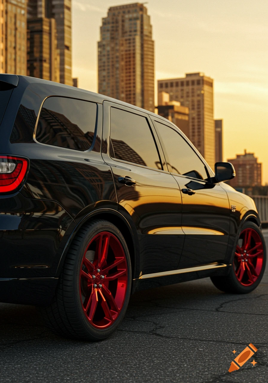 A black Dodge Durango SUV with red rims and tinted windows parked on asphalt with blurred city buildings in the background at sunset.