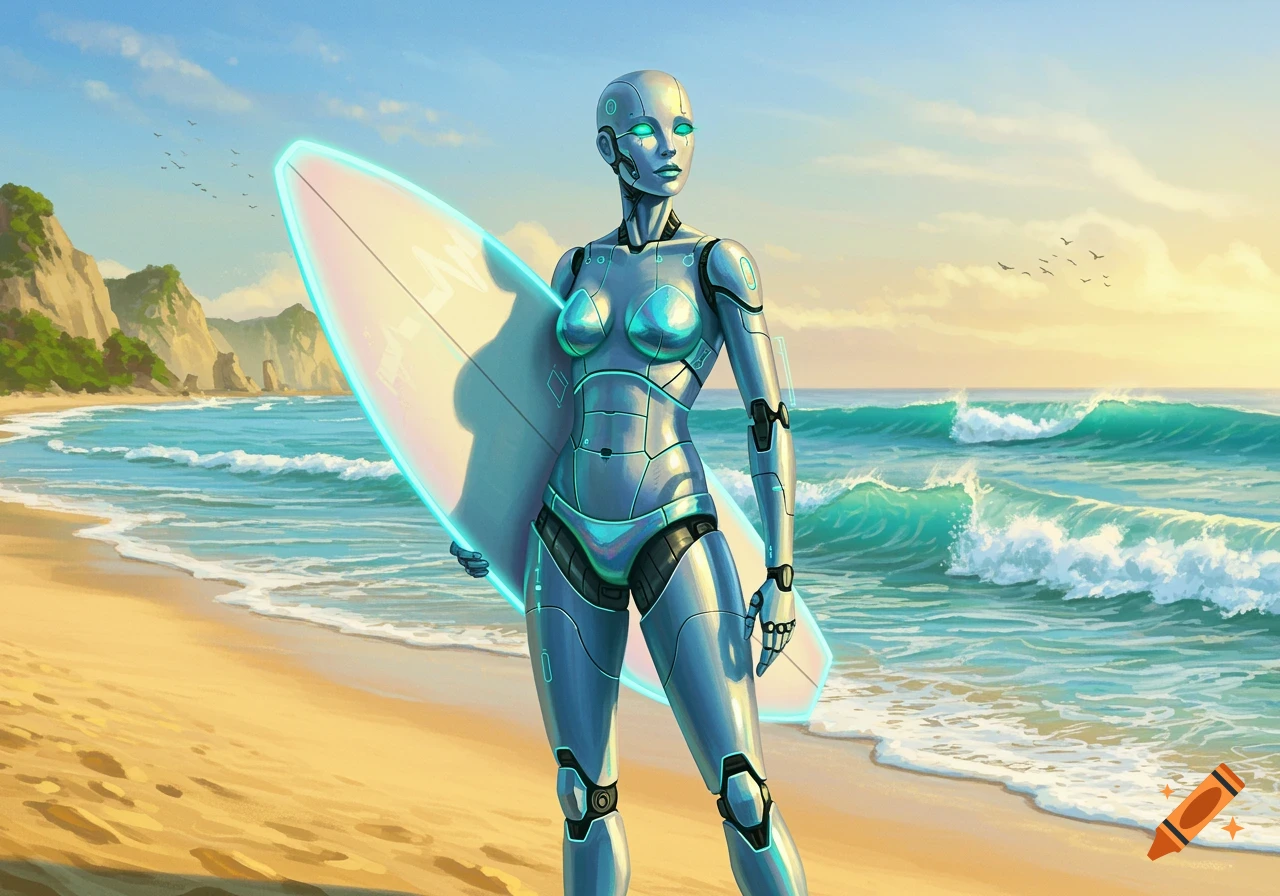 A metallic female android in a bikini holds a glowing surfboard on a sunny beach with waves and cliffs.