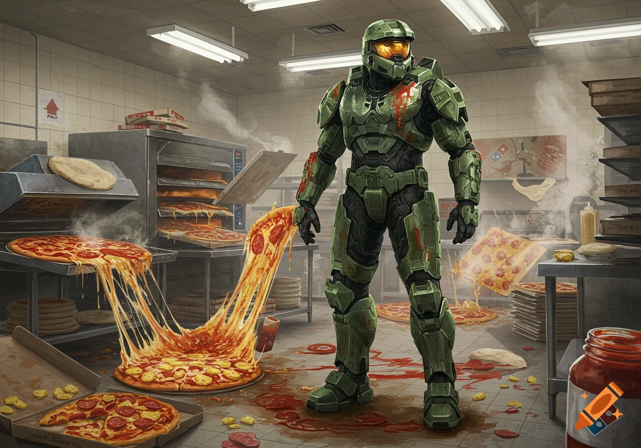 Master Chief stands in a chaotic pizza kitchen with melted cheese and sauce everywhere.
