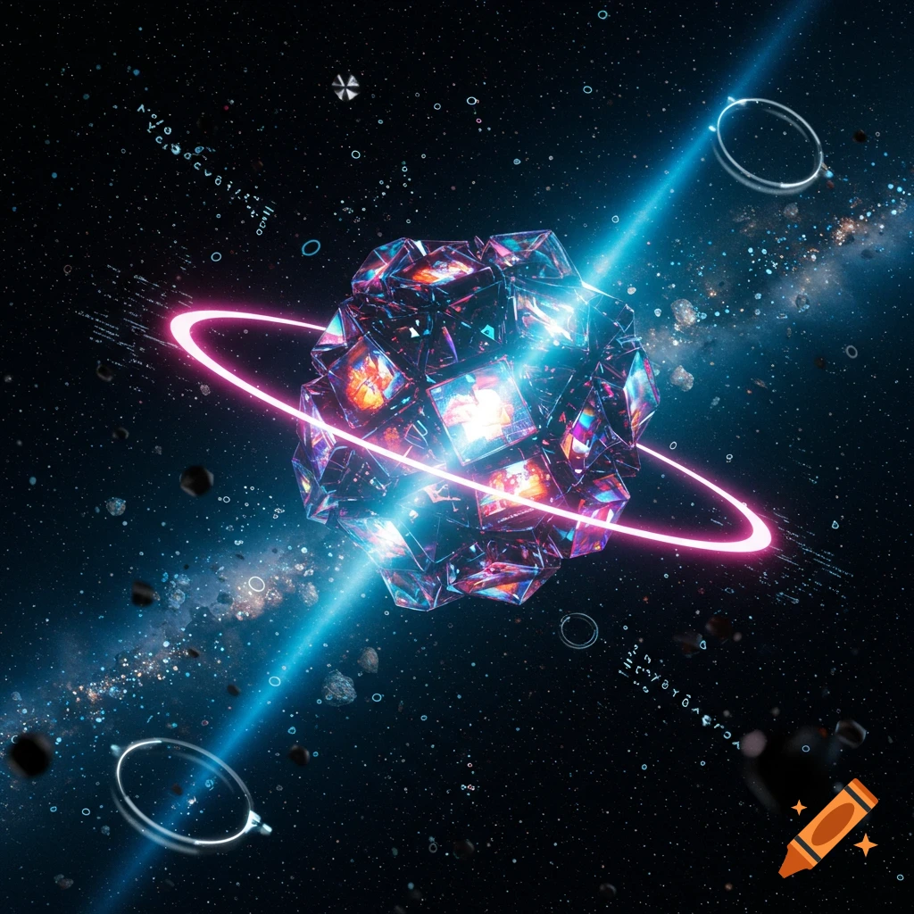 A glowing, multifaceted geometric object with a pink ring and blue beam in a starry galaxy.
