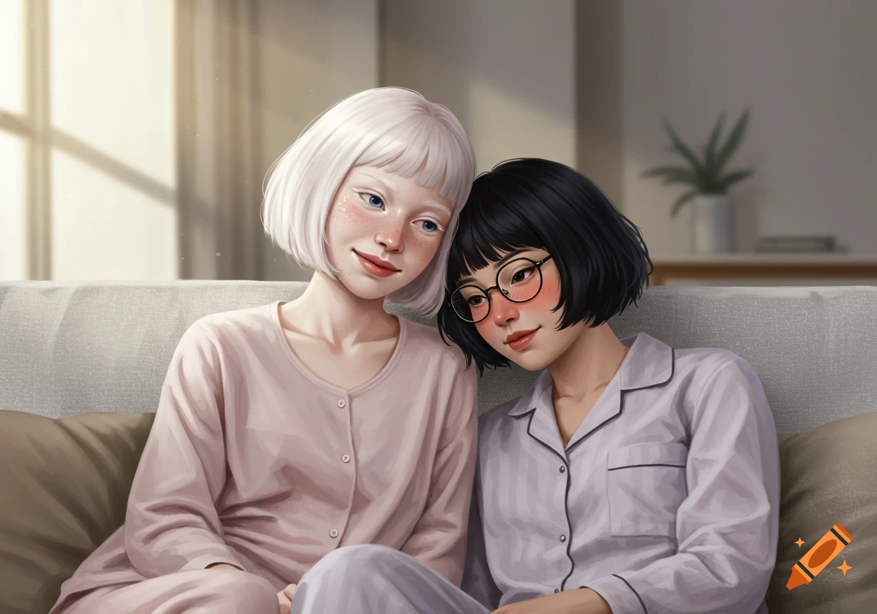 Photorealistic digital art of an albino woman with white bob hair and her girlfriend with short black hair and glasses, sitting on a sofa in pajamas.