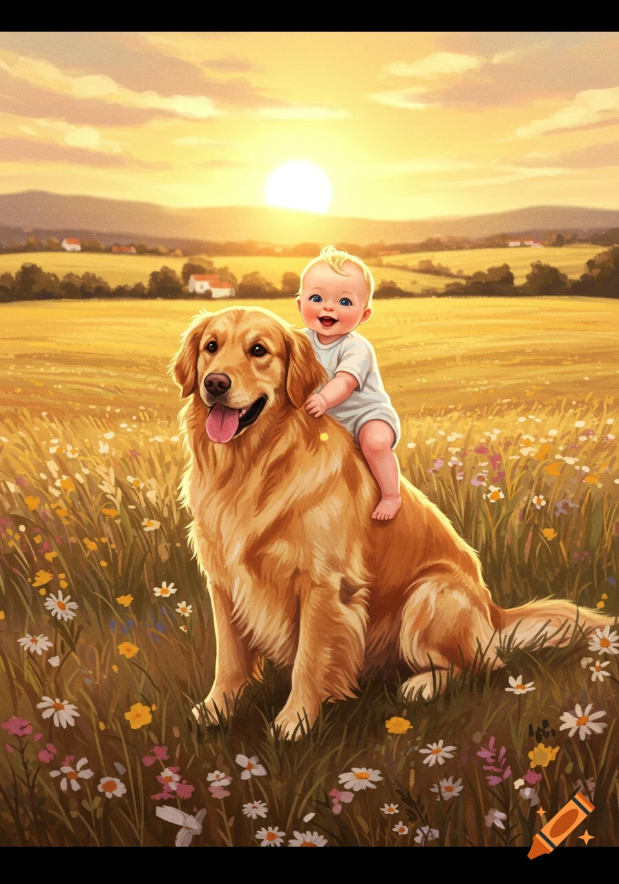 An illustration of a baby riding a golden retriever in a sunny field of wildflowers.