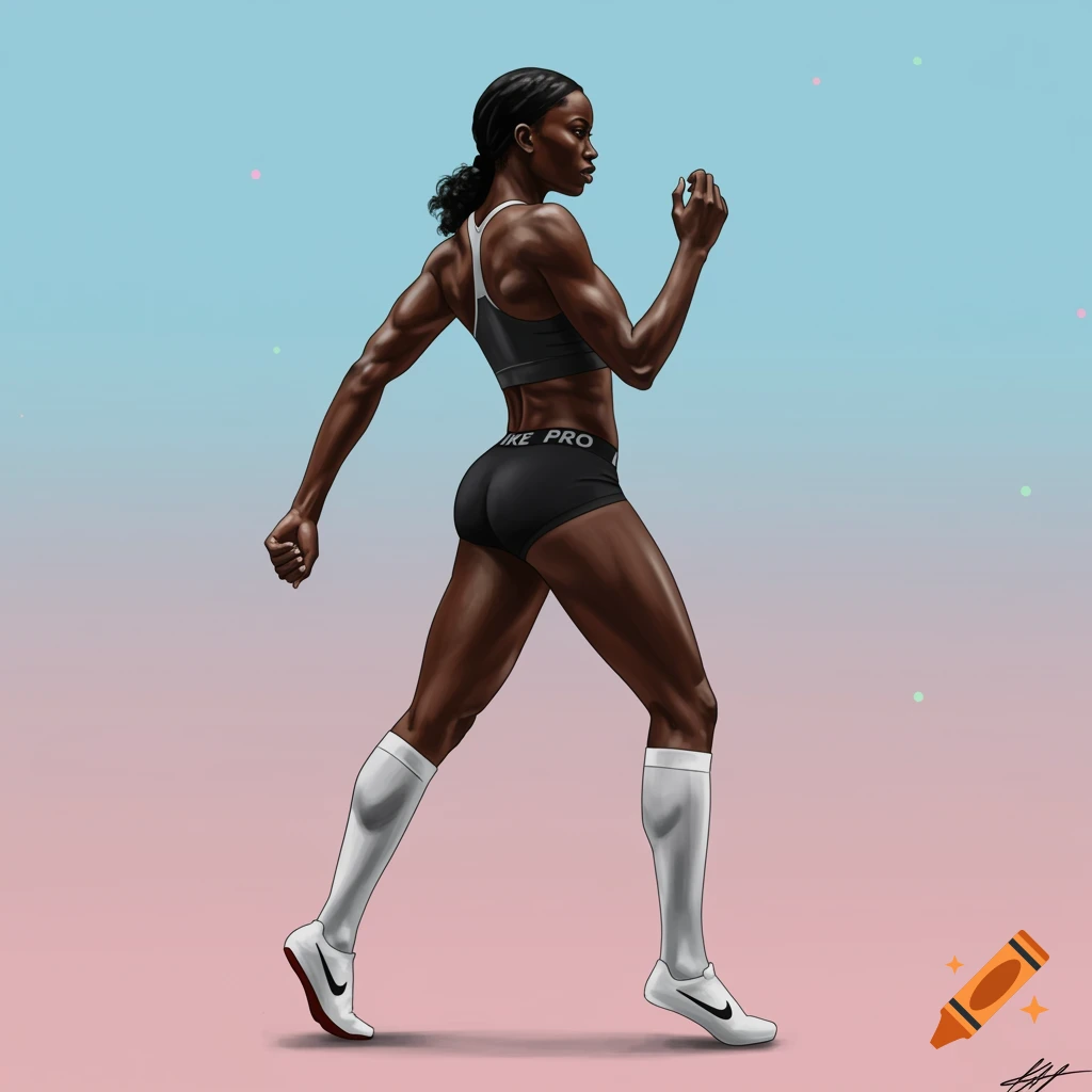 Digital illustration of a muscular Jamaican female runner in a sports bra and Nike shorts, walking against a pastel blue and pink background.