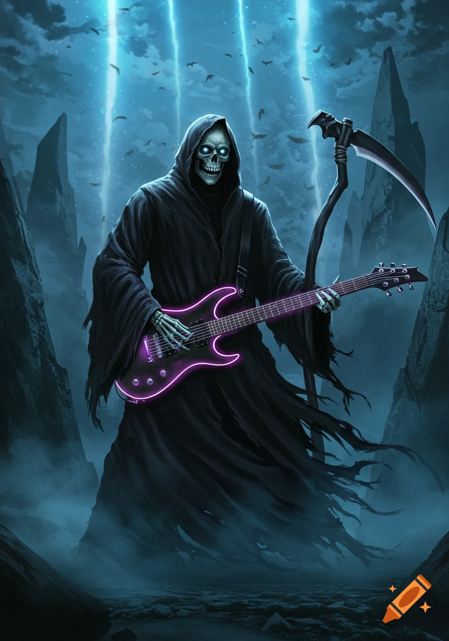 A grim reaper with glowing eyes and a black cloak plays a purple glowing electric guitar in a dark, misty landscape with jagged rocks and blue light beams.
