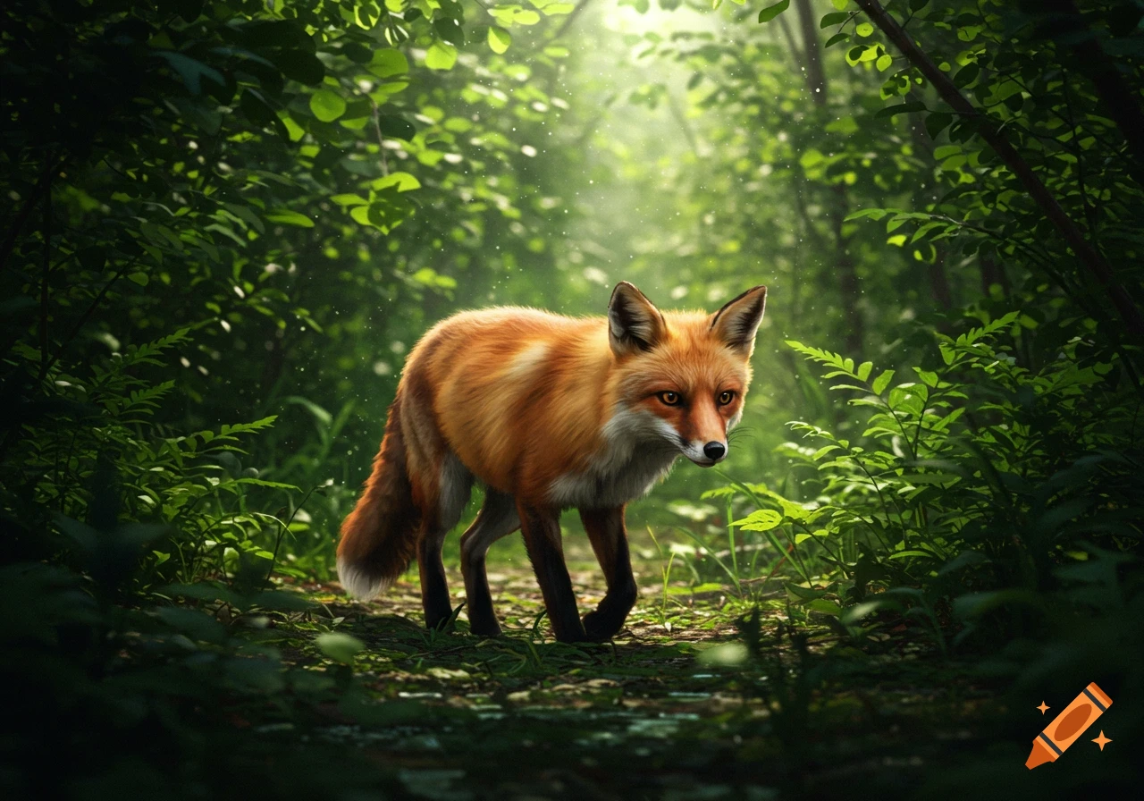 A photorealistic red fox walks through a sunlit, green forest, looking forward.