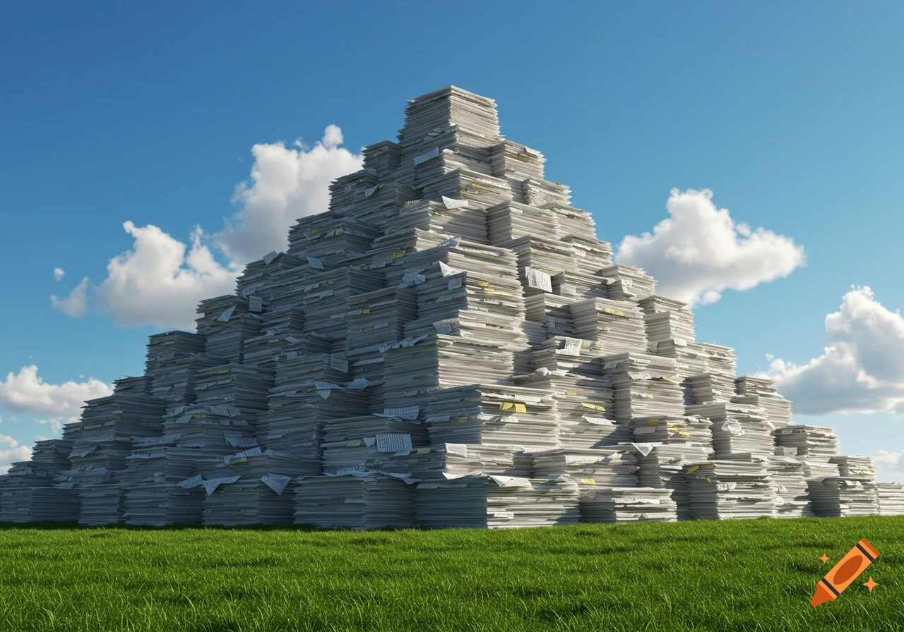A photorealistic image of a large mountain made of stacked paperwork on a green grassy field under a blue sky with white clouds.