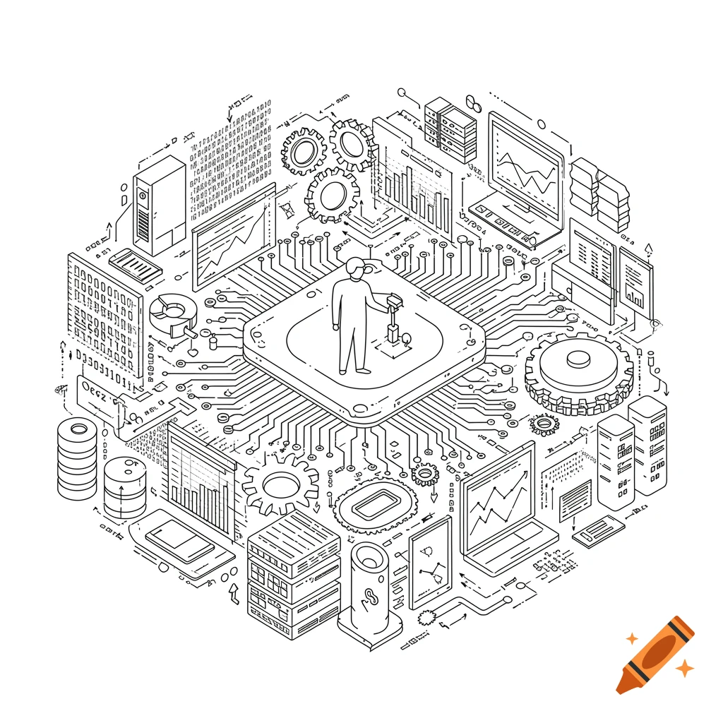 Black and white line drawing illustrating a complex technology ecosystem with a figure on a central chip, surrounded by data, computers, and gears.