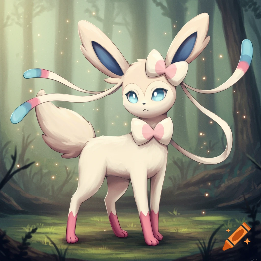 A Sylveon, a fairy-type Pokémon, stands in a magical forest clearing with glowing particles.