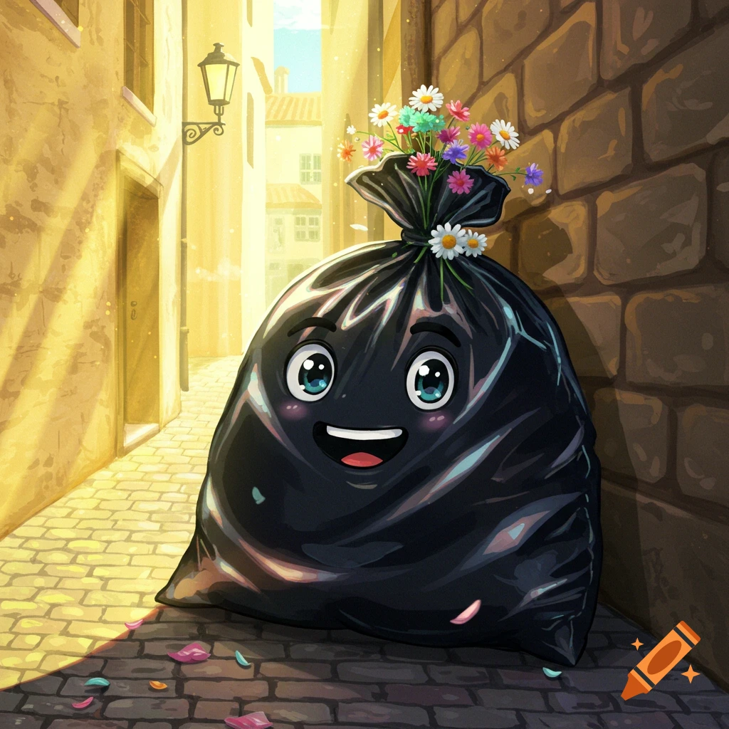 A cheerful cartoon black trash bag with a happy face and a bouquet of colorful flowers sits in a sunny cobblestone alley.