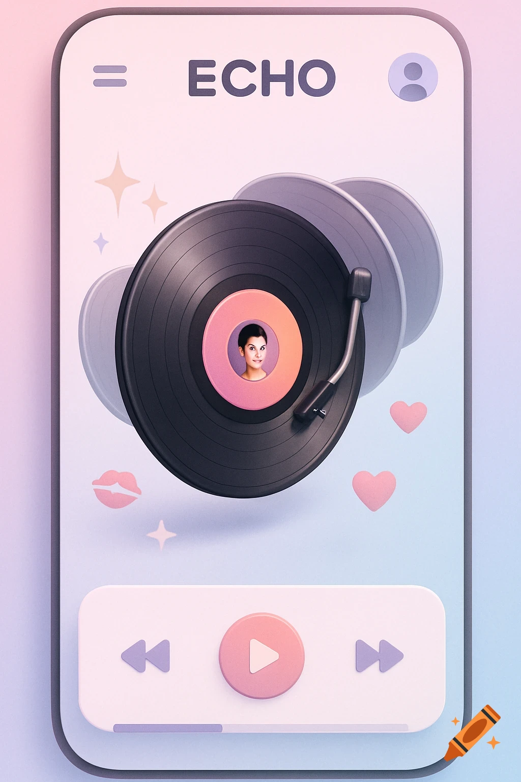 3D rendered music app interface on a phone screen, featuring a vinyl record player with a woman's face, pastel hearts, and play controls.