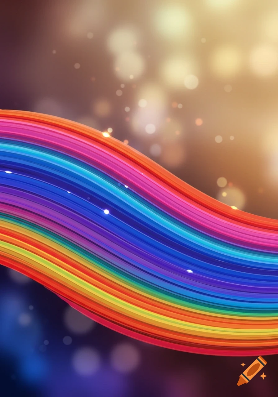 A vibrant, wavy rainbow stripe extends across a soft, glowing bokeh background.