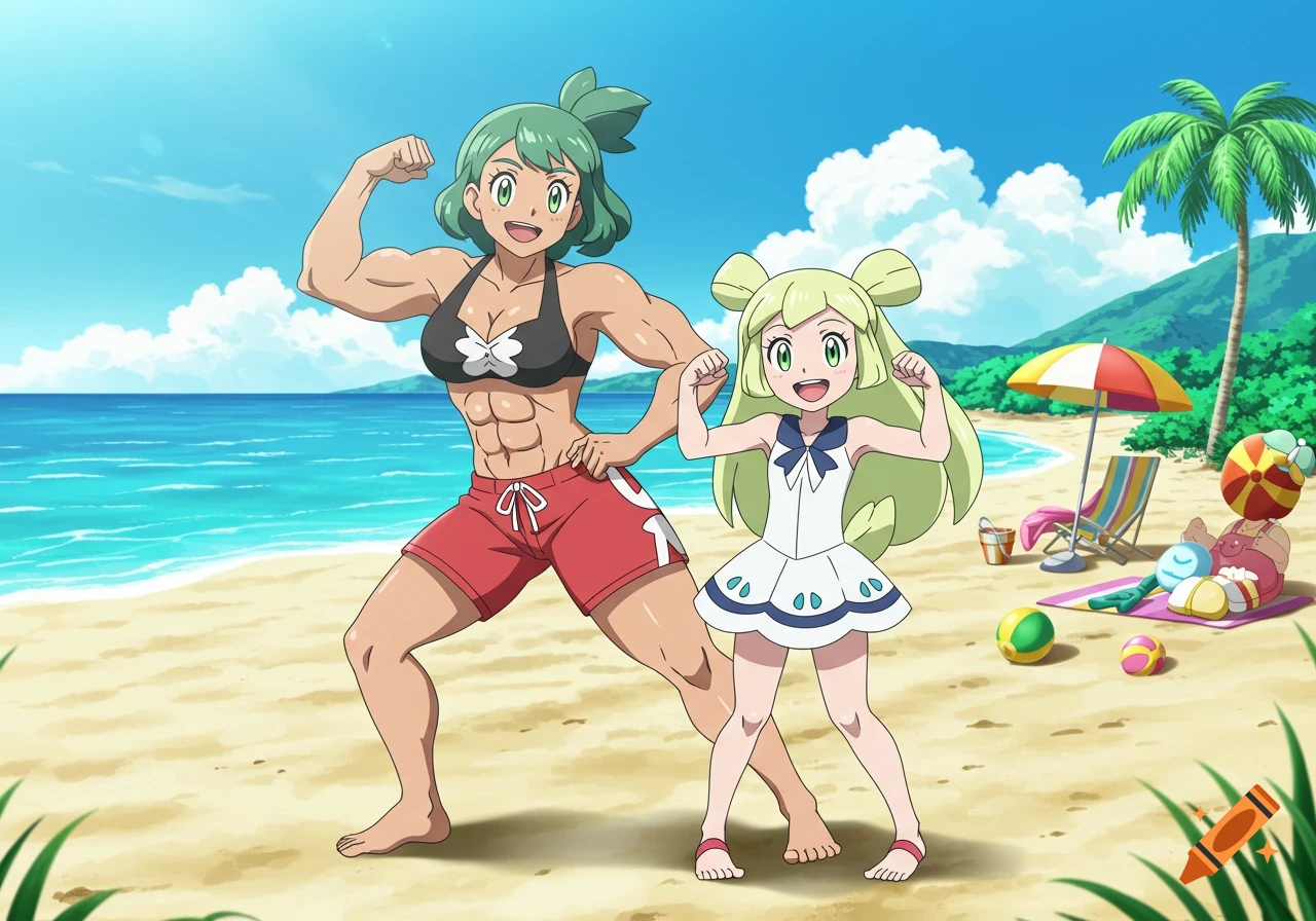 A muscular woman and a young girl, both in anime style, flex their muscles on a sandy beach by the ocean.
