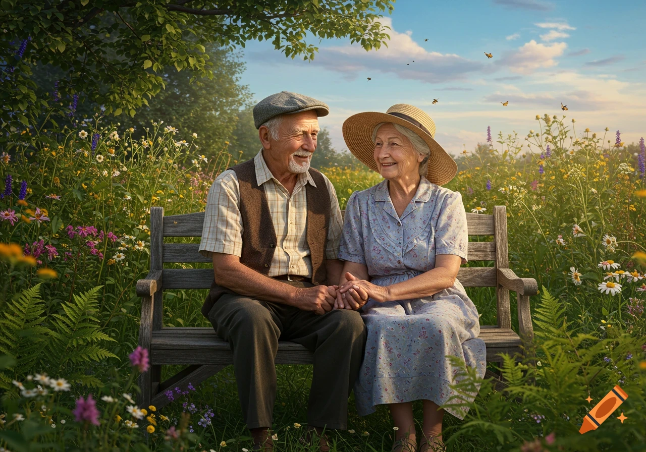 Elderly couple sitting on a wooden bench in a field of wildflowers, holding hands and smiling at each other. Photorealistic style.