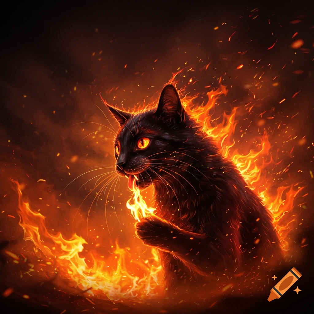 A black cat with glowing orange eyes surrounded by orange and yellow flames and sparks, looking intensely to the left in a fantasy art style.