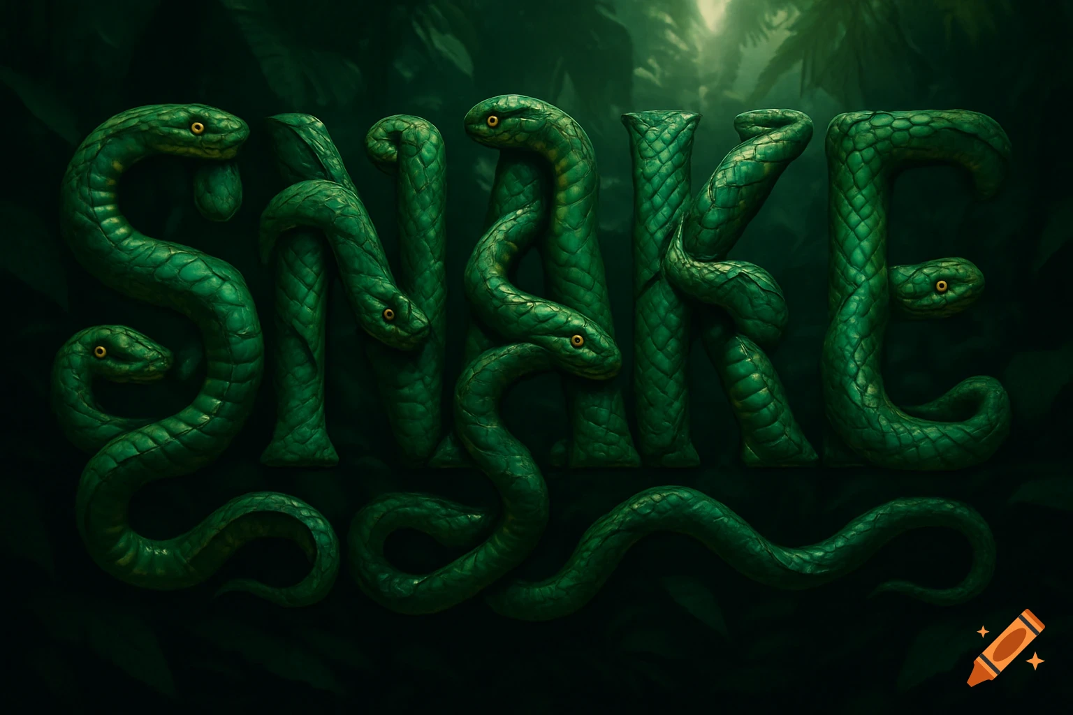 The word SNAKE formed by intertwining green snakes with yellow eyes, set against a dark jungle background.