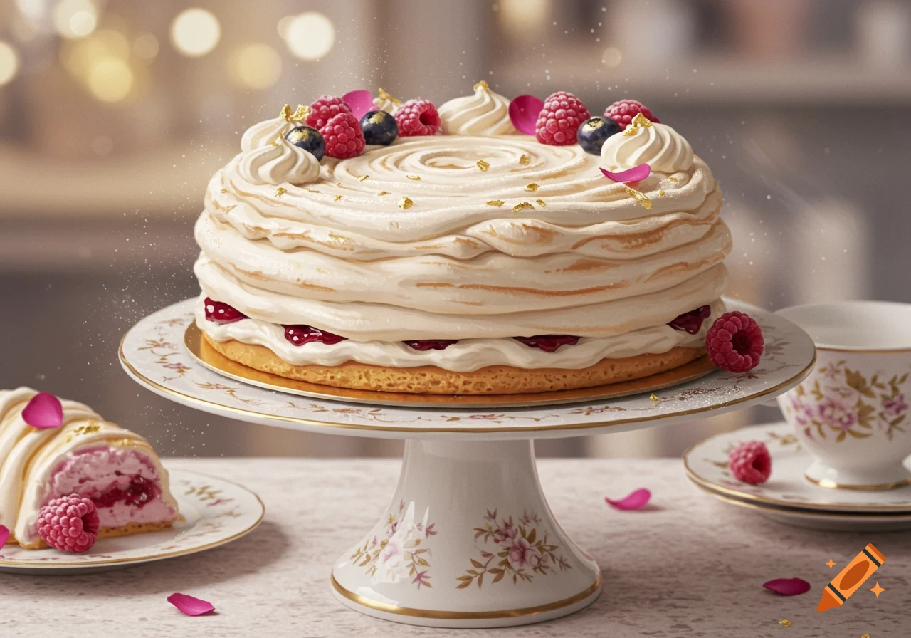 A photorealistic image of a cream cake topped with raspberries, blueberries, and gold flakes on a white cake stand.