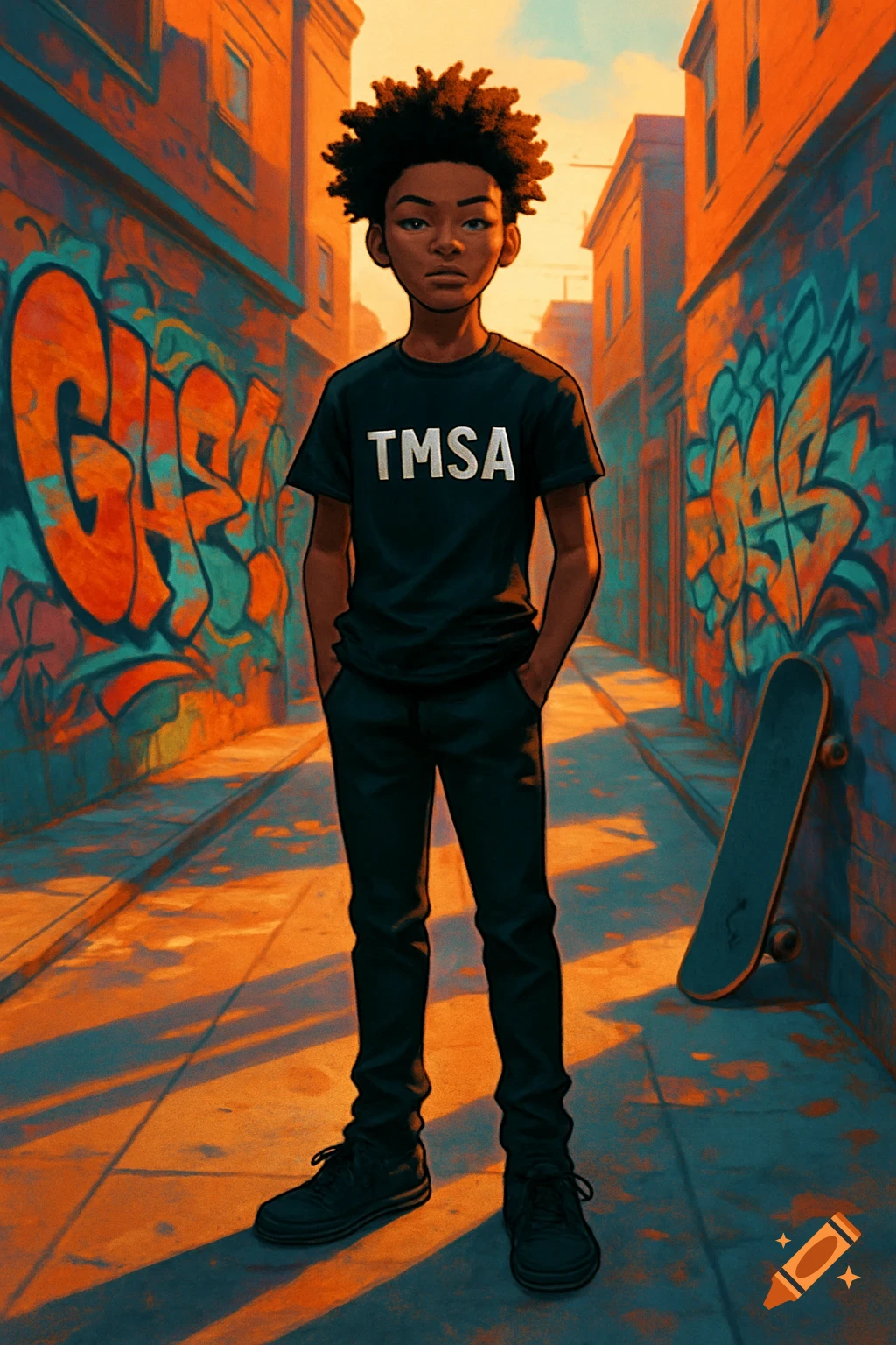 A male teenager with an afro stands in a graffiti-covered alley, wearing a black t-shirt with "TMSA" and black pants, with a skateboard leaning against the wall, in a comic art style.