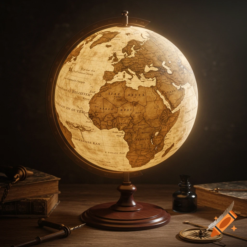 A vintage illuminated world globe with sepia-toned maps sits on a dark wooden desk, surrounded by old books, an inkwell, a quill, and a compass.