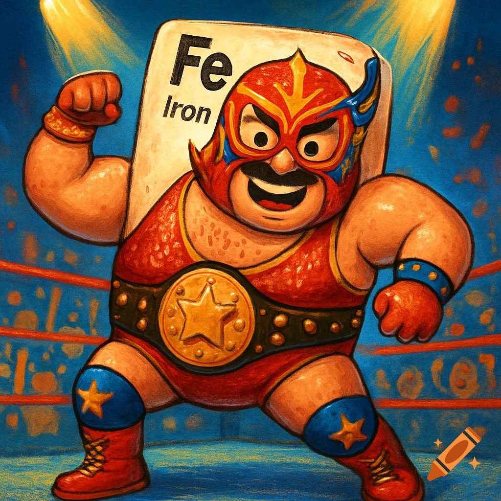 A cartoonish wrestler flexing in a ring, who is also a periodic table card for Iron (Fe).