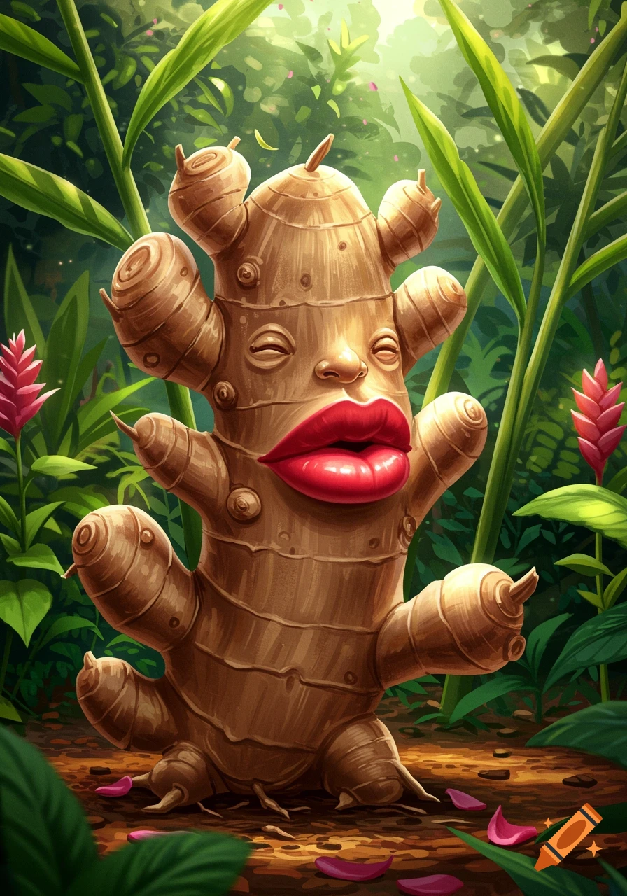 A cartoon anthropomorphic ginger root with a face and large red lips stands in a lush jungle.