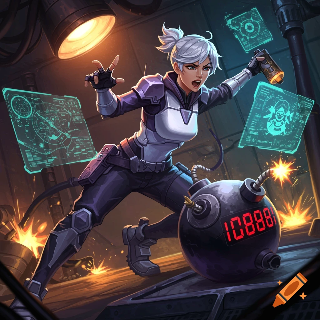 Anime-style female character in futuristic armor reaching for a bomb with a digital timer in an industrial setting.