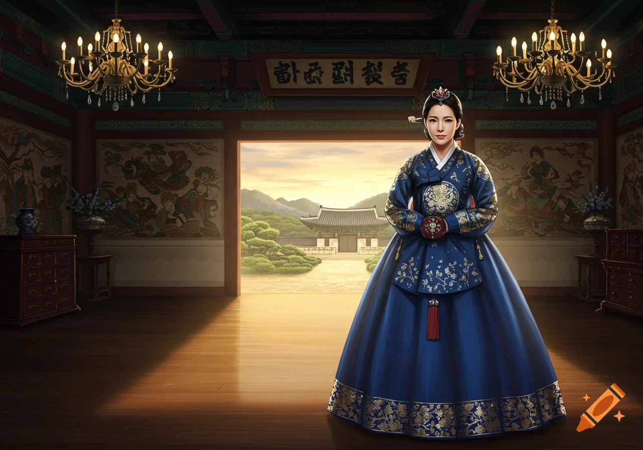 A woman in a blue and gold traditional Korean hanbok stands in a grand room, looking out to a traditional Korean palace at sunset.