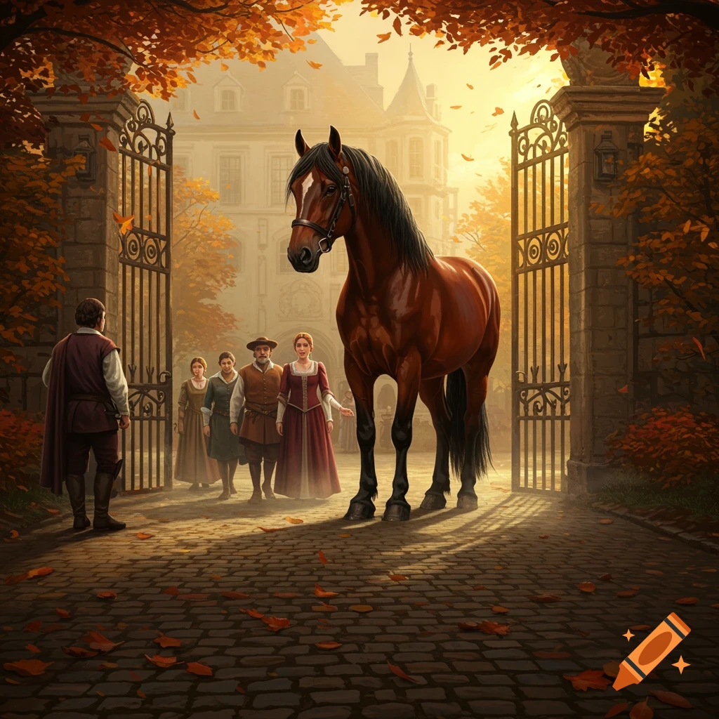 A large brown horse stands at an open gate in front of a castle, with people in historical attire observing it under an autumn sky.