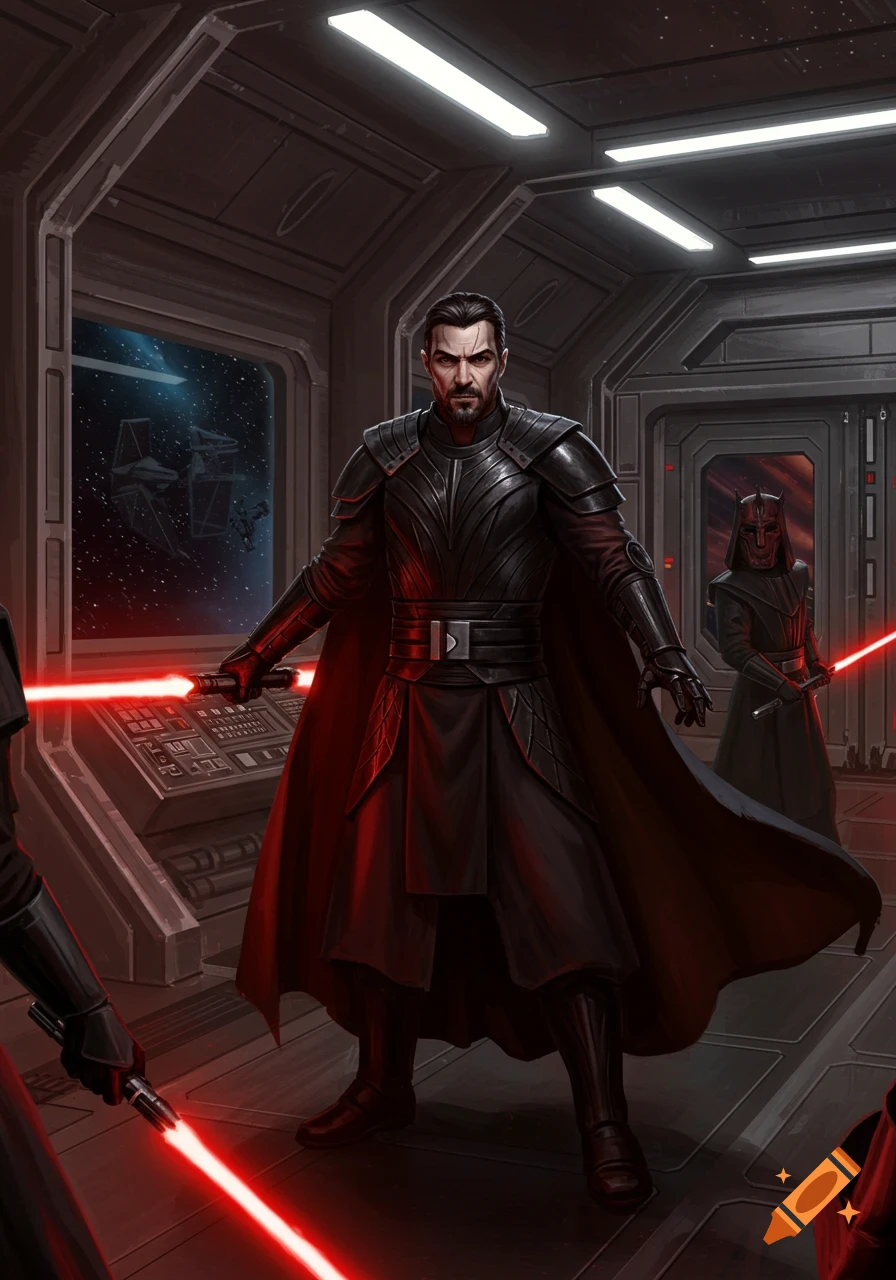 A stern man in black Sith armor holds two red lightsabers inside a spaceship with another masked figure and Tie Fighters visible outside.