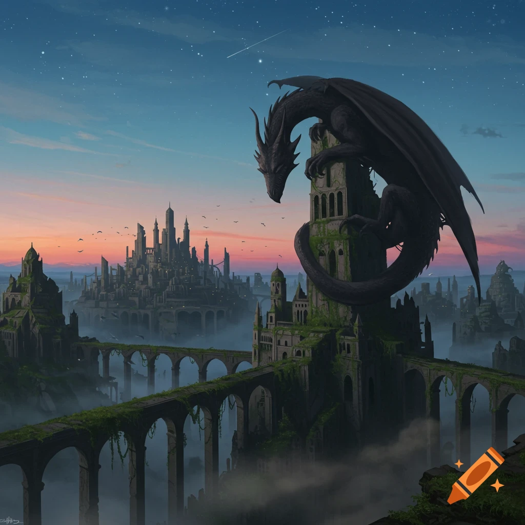 A dark dragon perches on an ancient, moss-covered tower, overlooking a sprawling, ruined fantasy city at dusk.