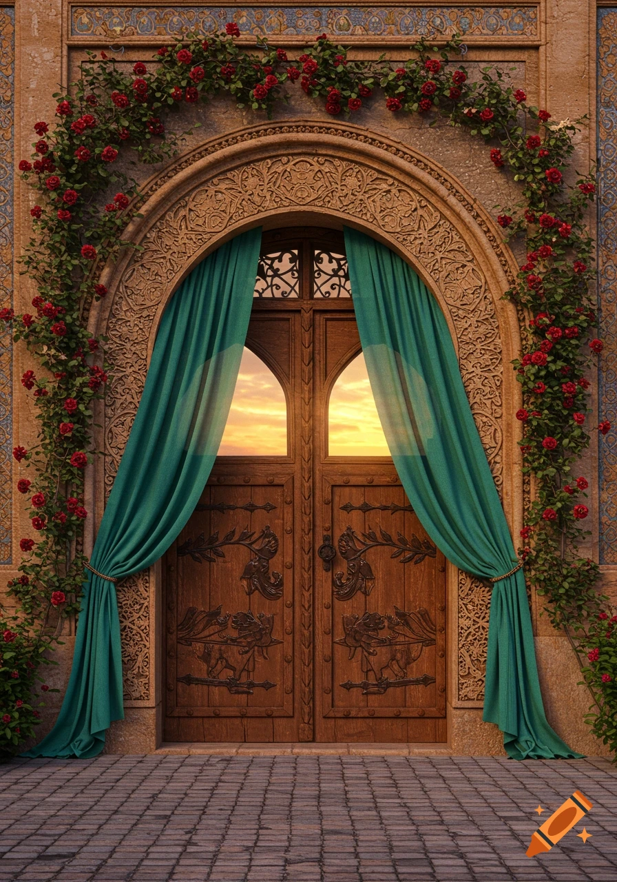 An ornate arched wooden door with teal curtains and climbing red roses. A sunset sky is visible through the top windows.