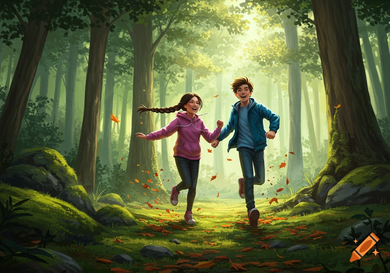 A smiling teenage girl and boy run hand-in-hand through a sunlit forest, surrounded by trees and fallen leaves.