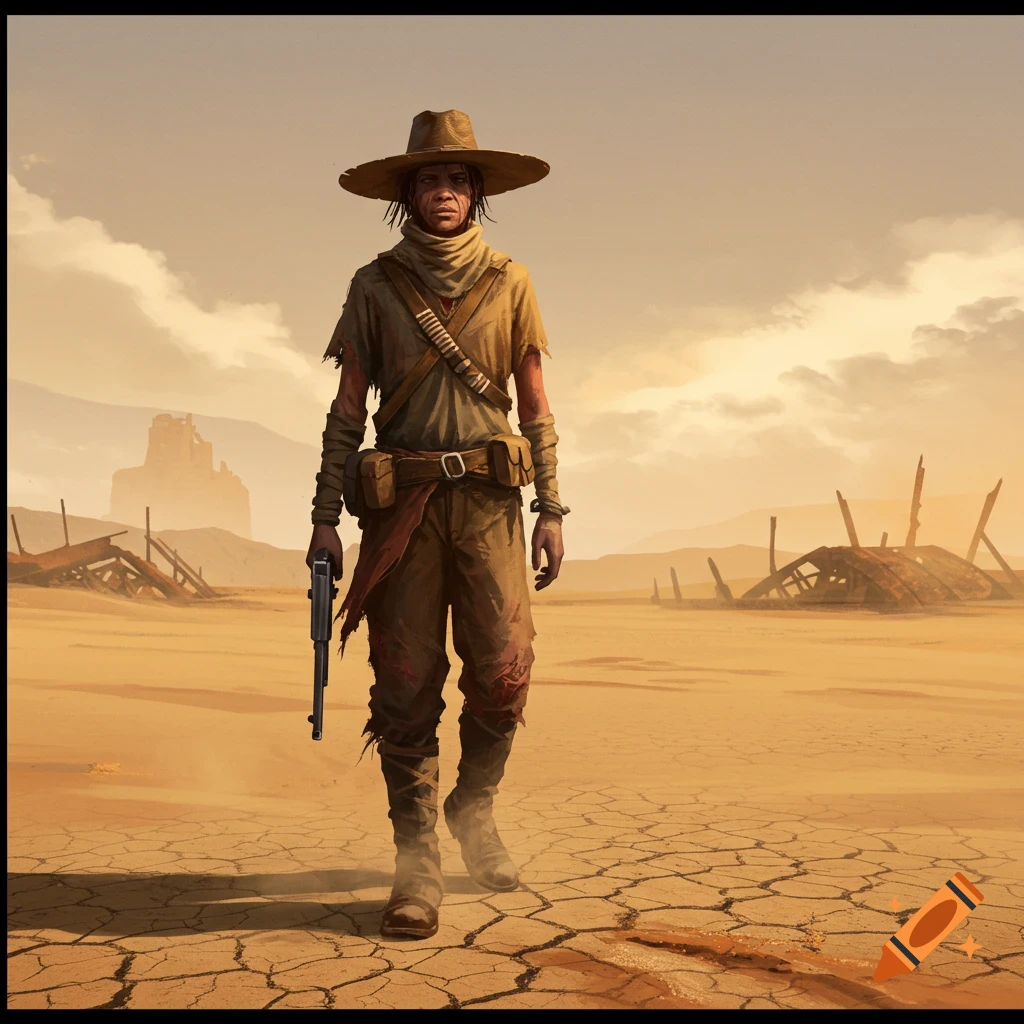 A lone person in a straw hat and tattered clothes holds a pistol in a desolate cracked desert landscape with ruins.