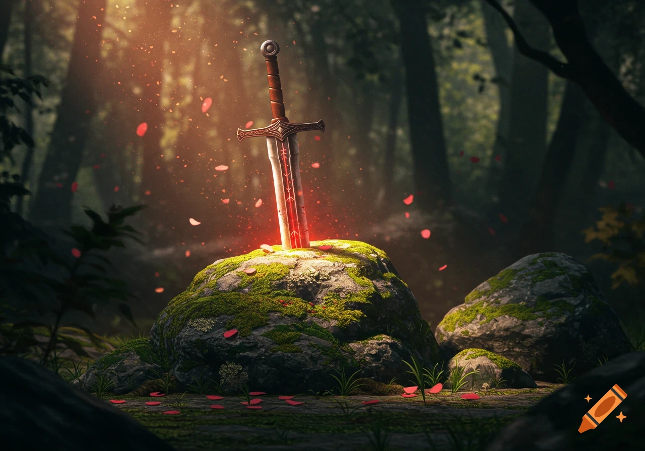 A glowing sword plunged into a mossy rock in a mystical forest with red petals falling around it.