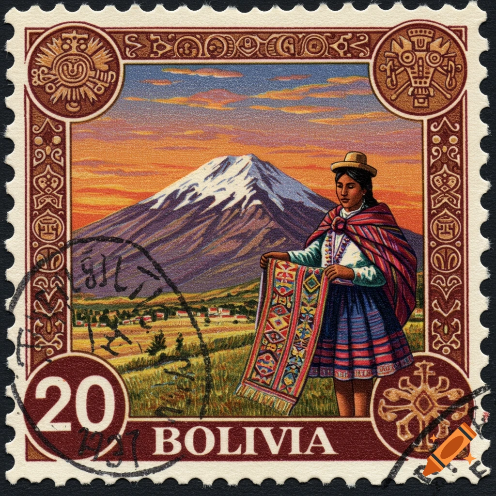 A vintage Bolivian postage stamp with a woman in traditional dress, a mountain, and 'BOLIVIA 20' text.