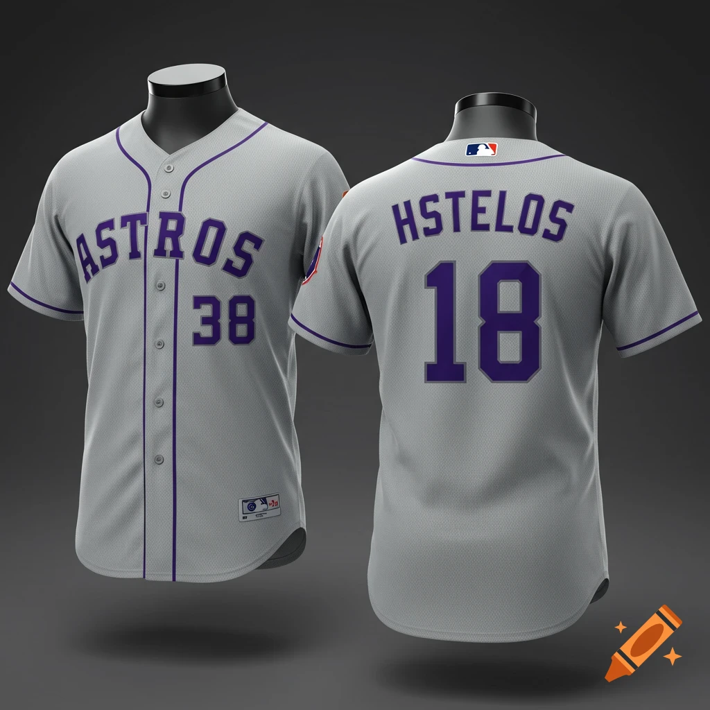 Front and back views of a gray baseball jersey with purple "ASTROS 38" on the front and "HSTELOS 18" on the back.