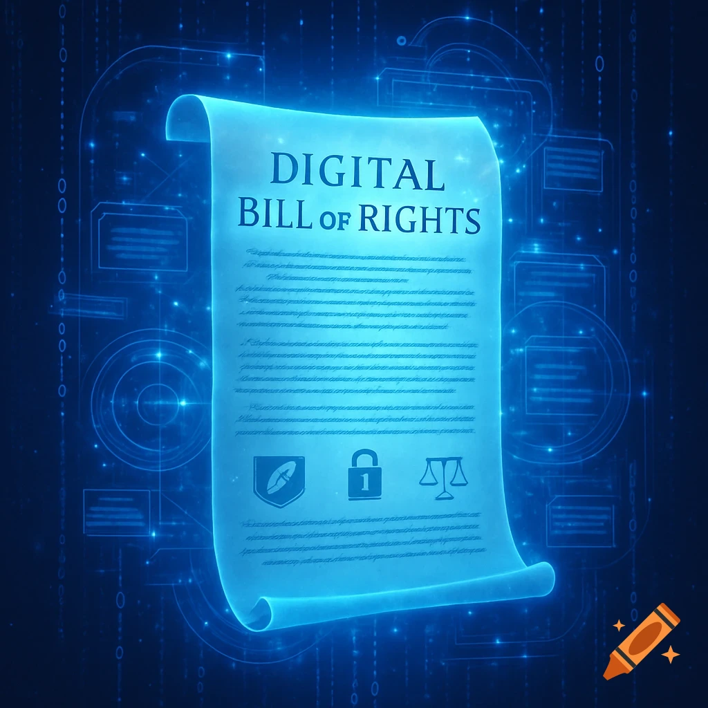 A glowing blue scroll titled 'Digital Bill of Rights' against a dark background with circuit patterns and data streams.