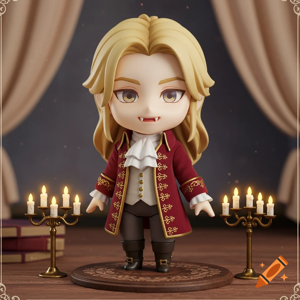 Chibi-style Nendoroid figure of a male vampire with fangs, wearing a red and gold suit, standing near lit candelabras.