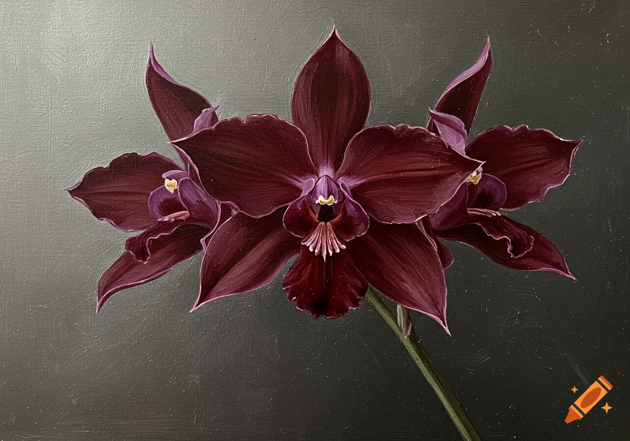 An oil painting depicts three burgundy-purple Calanthe discolor orchids with distinct petals and a green stem against a dark gray background.