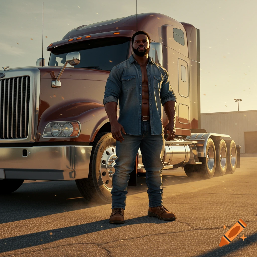 A strong Black man in an unbuttoned denim shirt and jeans stands confidently in front of a large brown 18-wheeler truck at sunset.