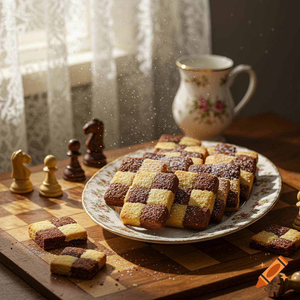 Photorealistic image of square chessboard cookies dusted with powdered sugar, arranged on a plate and a wooden chessboard with chess pieces.