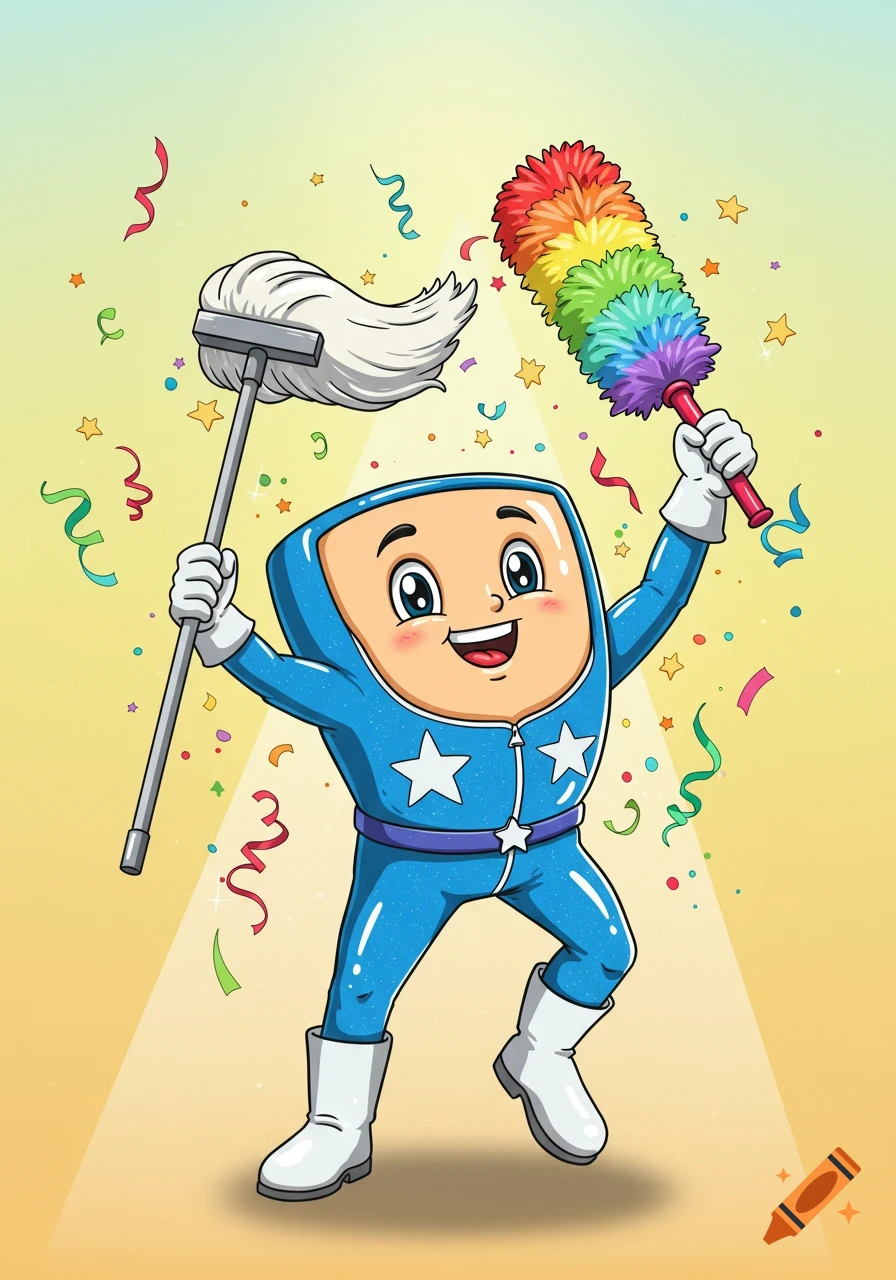 A happy cartoon mascot in a blue sparkly suit holds a mop and a rainbow duster with confetti falling in an illustration.