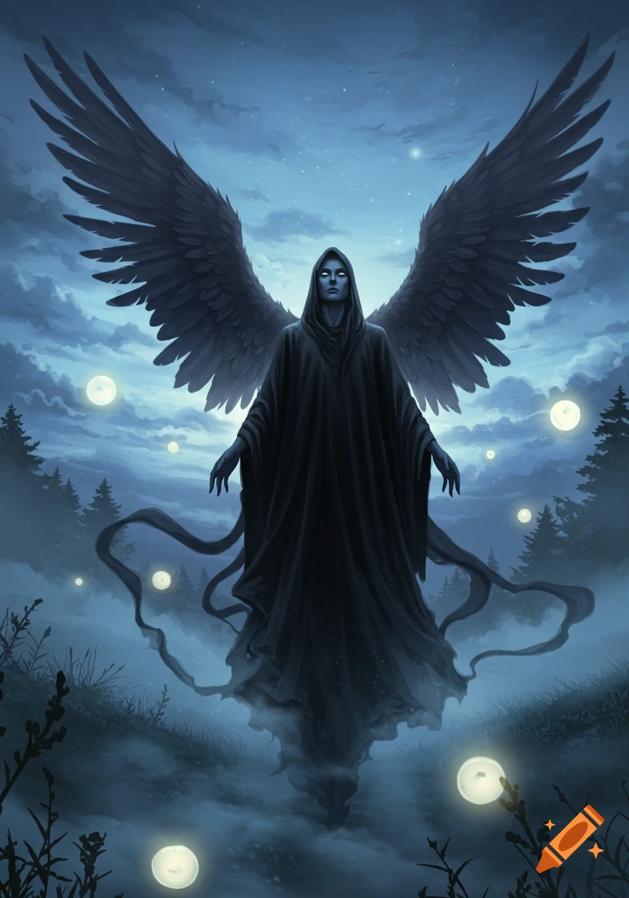 A dark winged figure in a black hooded robe floats in a mystical, blue-toned night forest with glowing orbs.