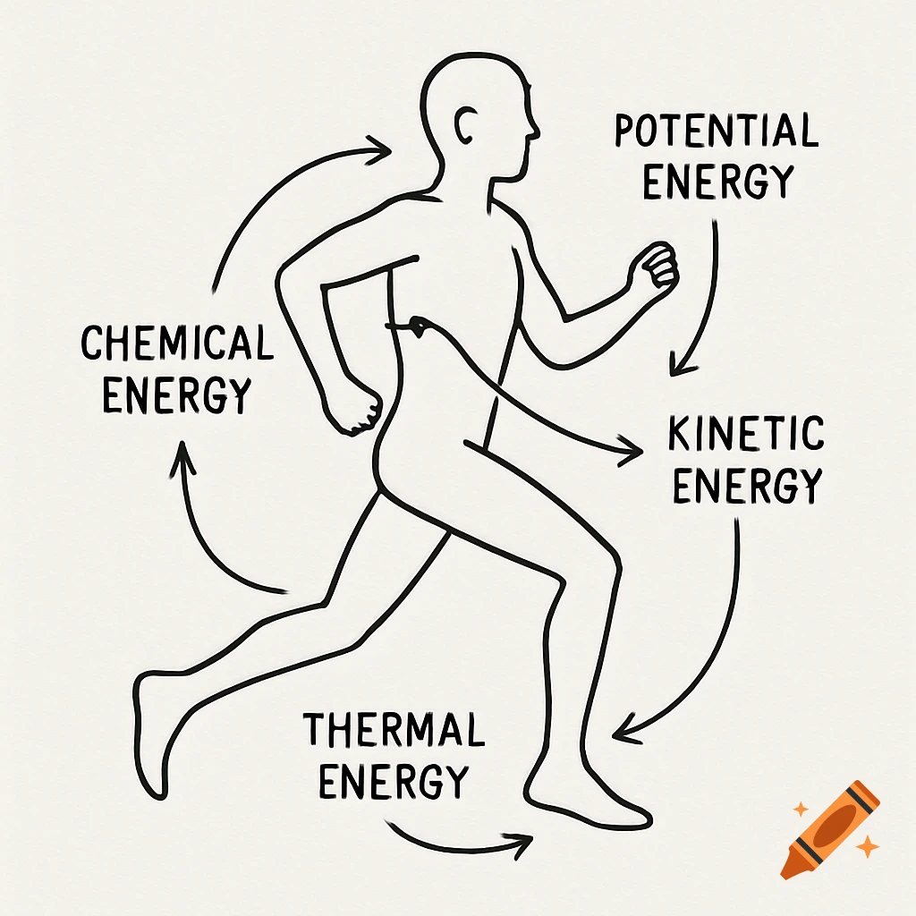 Line drawing diagram showing energy transformation in a human body: Chemical, Potential, Kinetic, and Thermal Energy.
