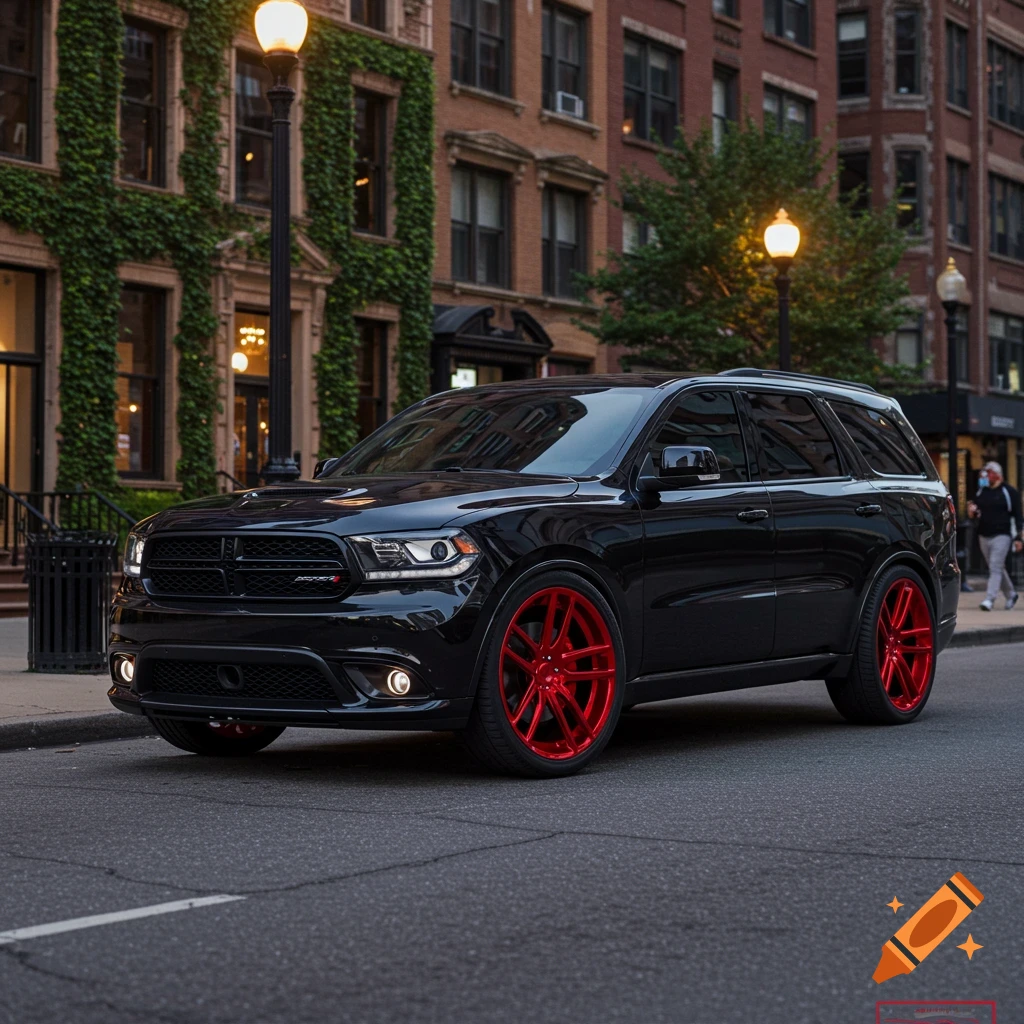 A black Dodge Durango SUV with bright red rims and tinted windows parked on a city street in front of brick buildings.