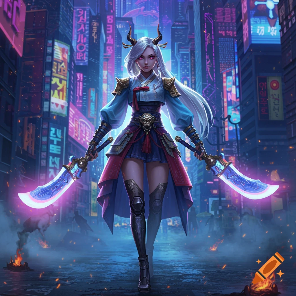 A white-haired horned female warrior with glowing swords stands in a neon cyberpunk city at night in an anime art style.