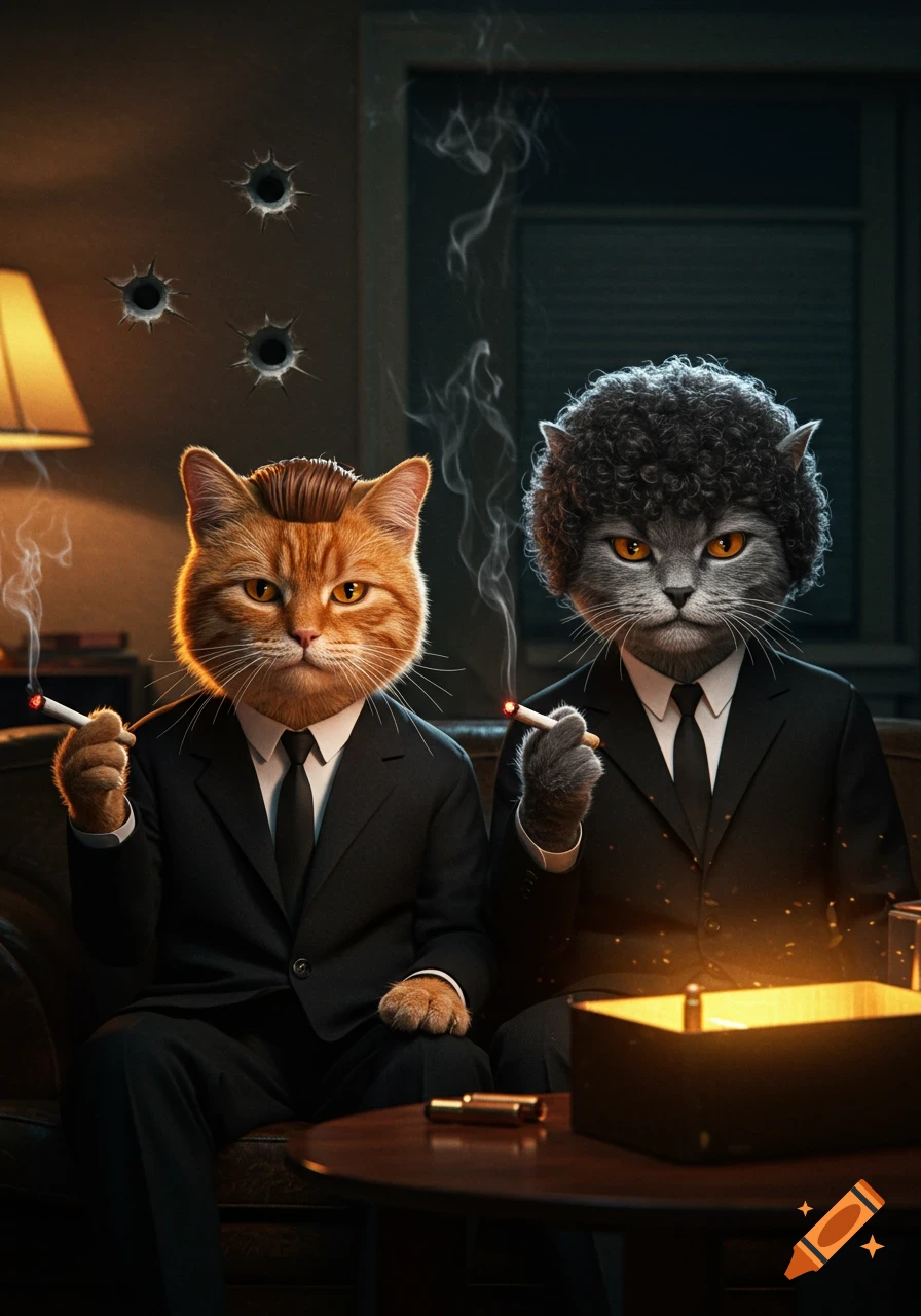 Two anthropomorphic cats in black suits, resembling characters from Pulp Fiction, sit in a dim room with bullet holes in the wall, holding lit cigarettes. A glowing briefcase is on the table.