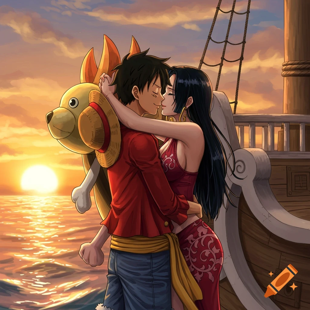 Luffy and Boa Hancock embrace on a ship at sunset, about to kiss, in an anime art style.